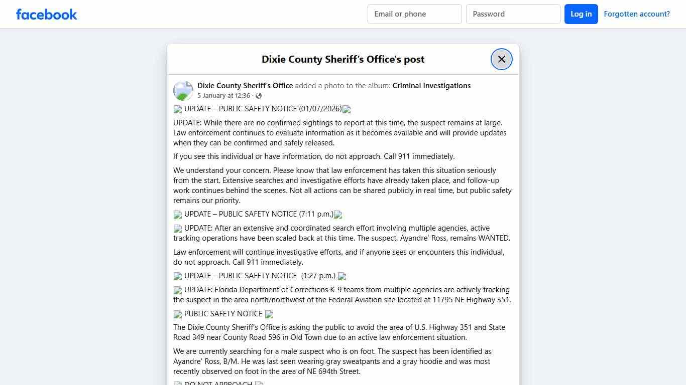 🚨 UPDATE – PUBLIC SAFETY... - Dixie County Sheriff’s Office Facebook