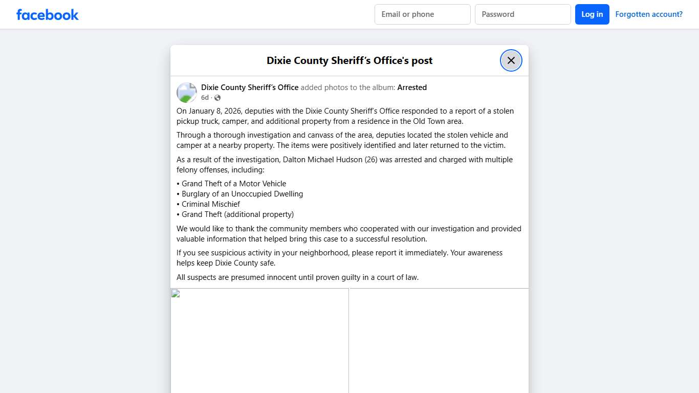 On January 8, 2026,... - Dixie County Sheriff’s Office Facebook